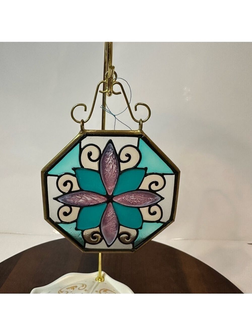 Stained Glass Floral Ornament / Suncatcher Teal & Lavender Octagon Vintage Style